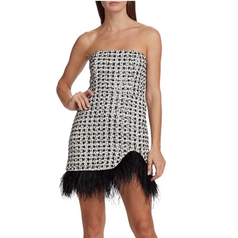 Amanda Uprichard Jazz Sequin Tweed Feather Hem Strapless Dress